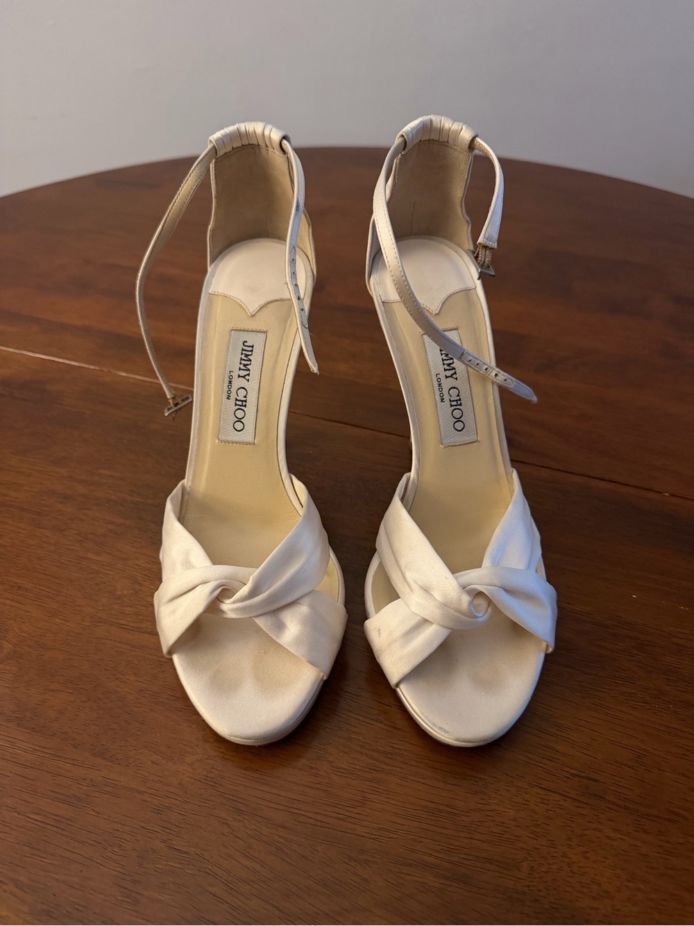 Jimmy Choo Ivory Satin Knot Front Ankle-Strap Heels